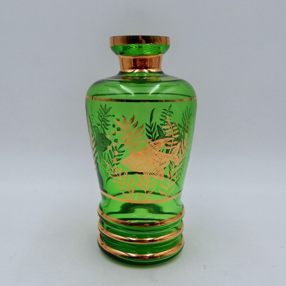 Bohemian Czech Decanter Enameled Fish Green Glass Gold Vintage No Stopper